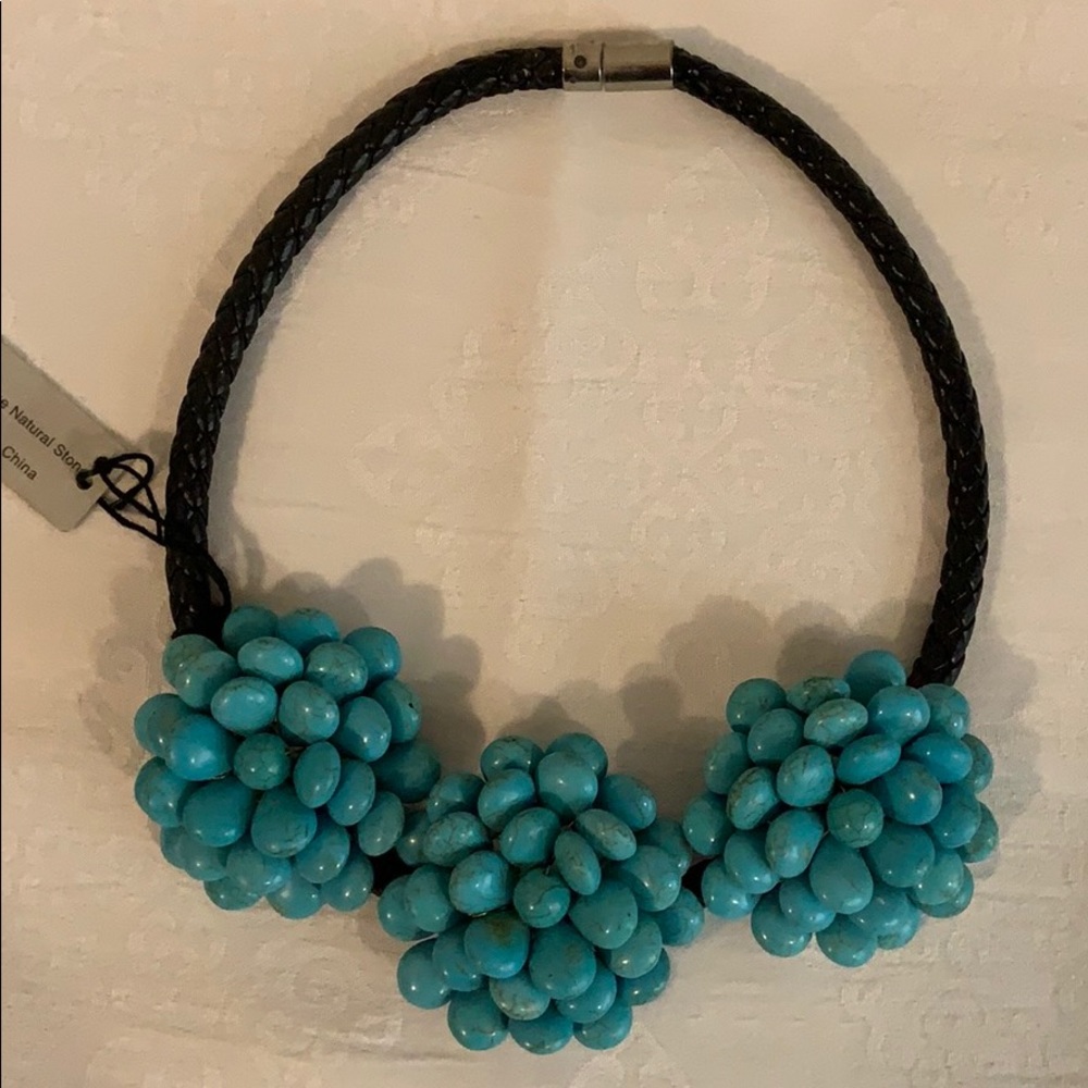 Genuine Turquoise Stone and Leather Necklace